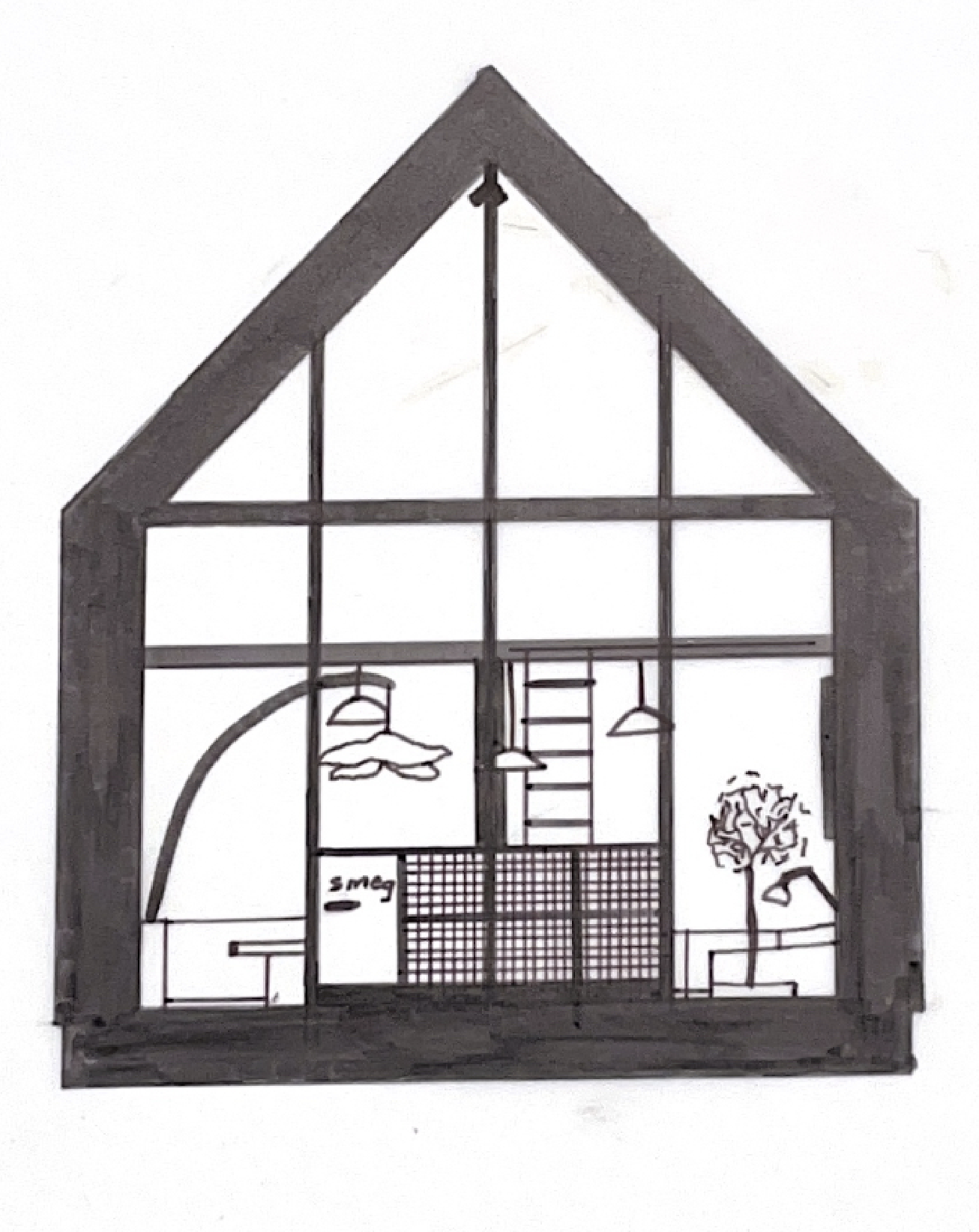 Line drawing of a house cross-section showing interior details, including furniture, lighting, a door marked 'smeg', stairs, a tree outside, and interior furnishings.