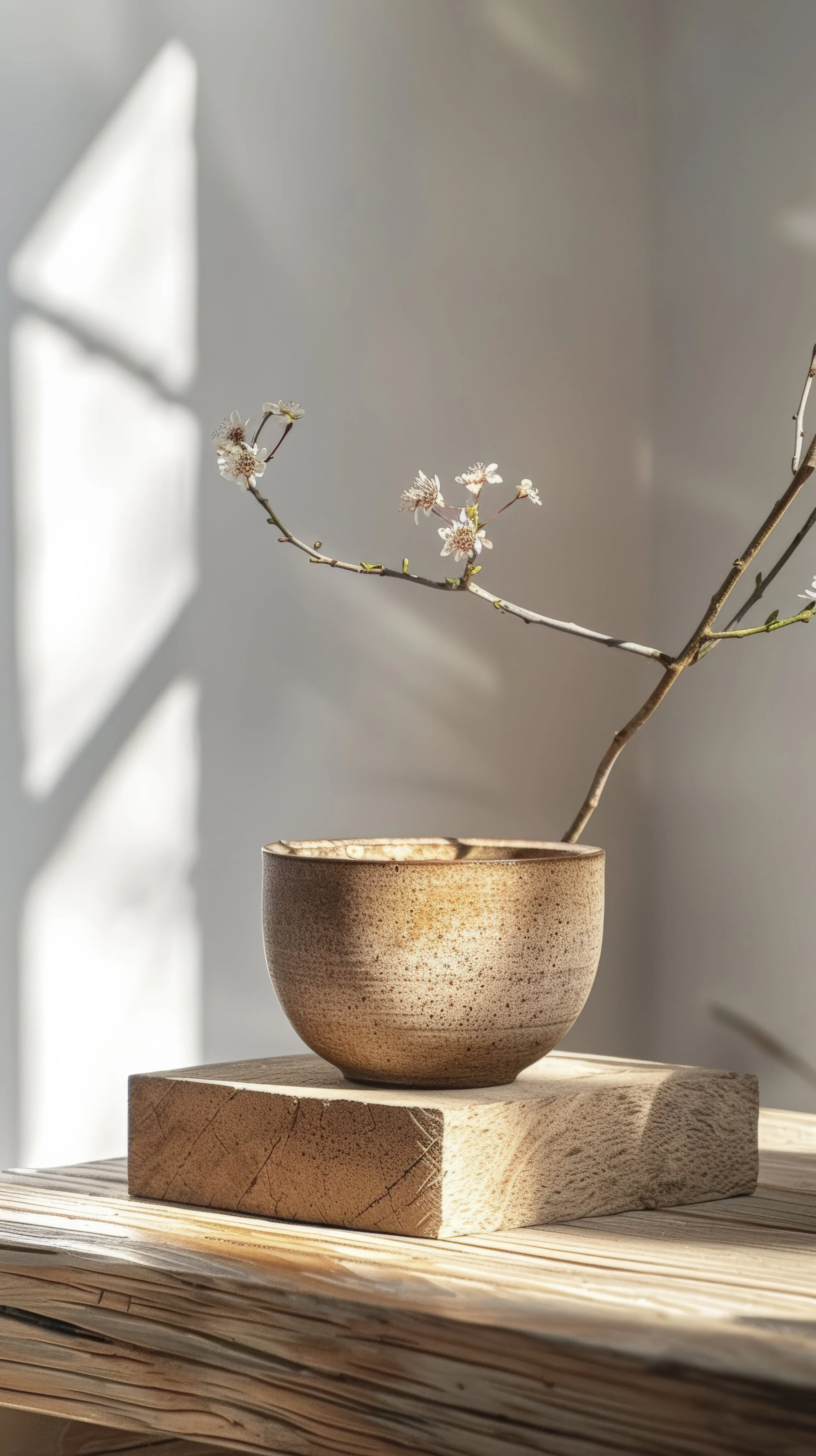 A ceramic bowl with a speckled glaze on a wooden block, with a branch of blooming flowers extending from the bowl, on a wooden surface with sunlight and shadows in the background.