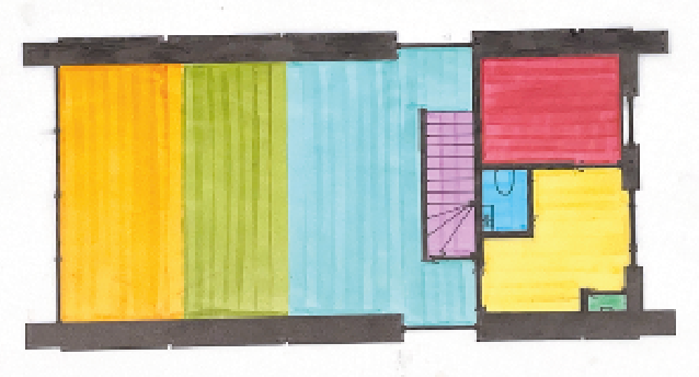Color-coded floor plan of a building with yellow, green, blue, purple, and red sections.