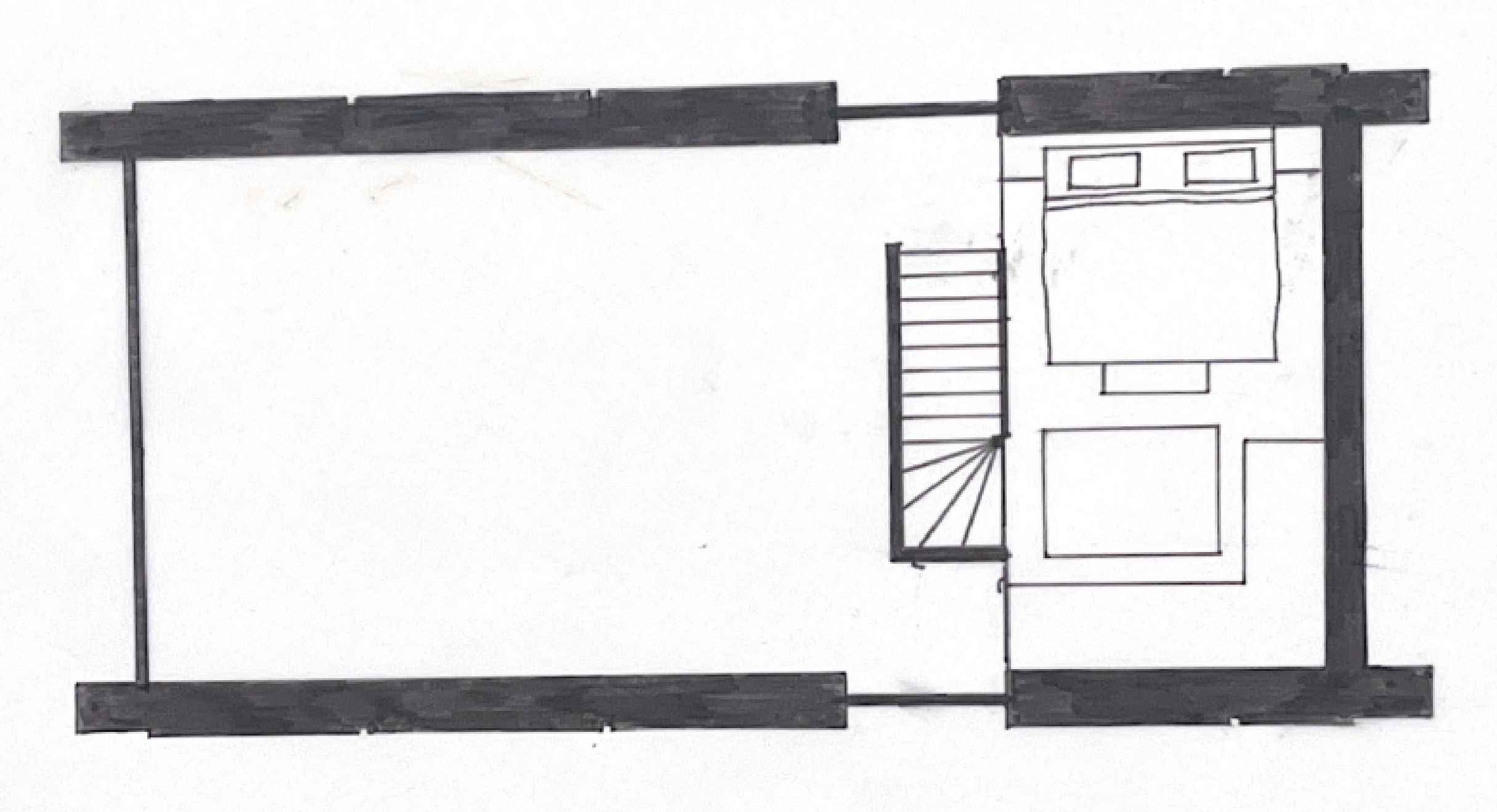 Floor plan sketch of a small apartment with a stairway, bathroom, a bedroom with two beds, and an open space.