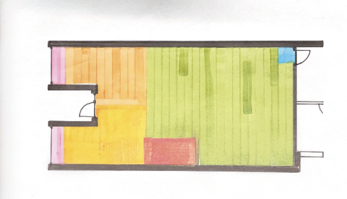 Color-coded floor plan of a rectangular room with two doors, showing different sections in pink, orange, yellow, red, green, and blue.