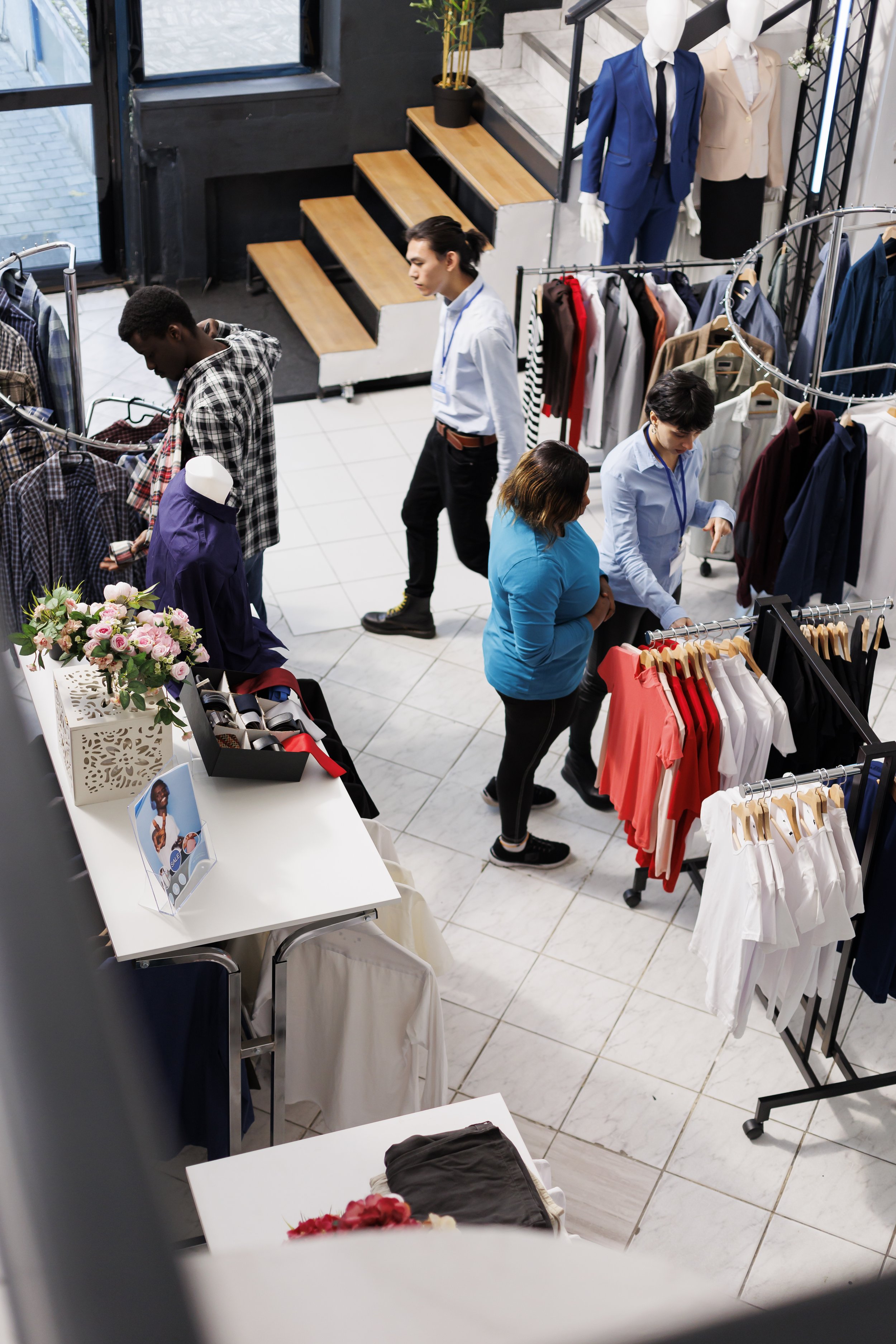 People shopping for clothes inside a retail store with clothing racks, mannequins, and a display table with flowers.