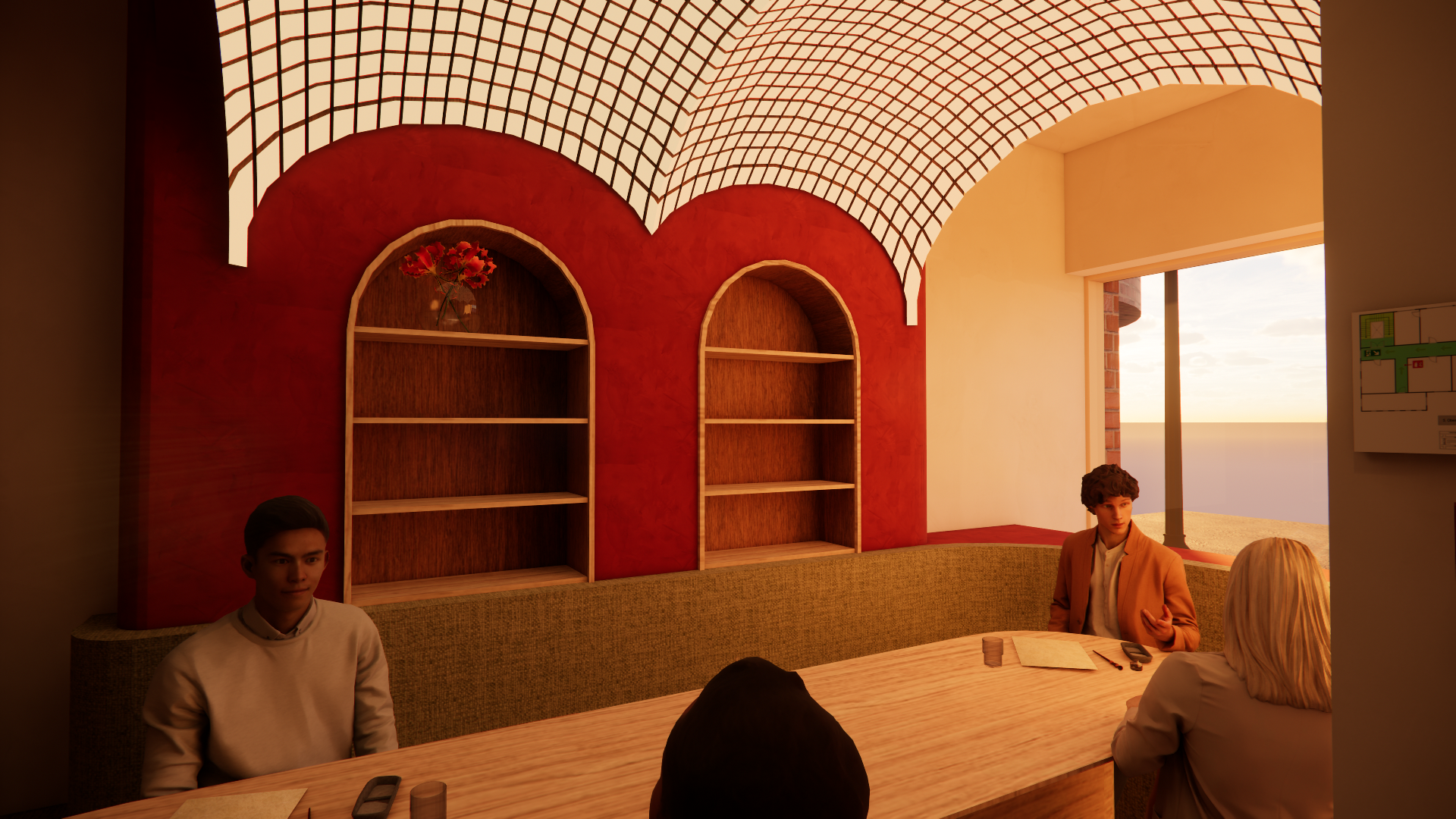 People sitting at a wooden table in a cozy restaurant with a red wall, wooden shelves, and a window showing a sunset view.