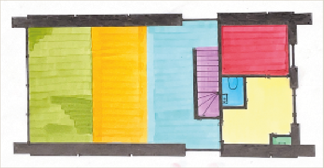 Color-coded floor plan of a building with green, yellow, blue, purple, red, and yellow rooms.
