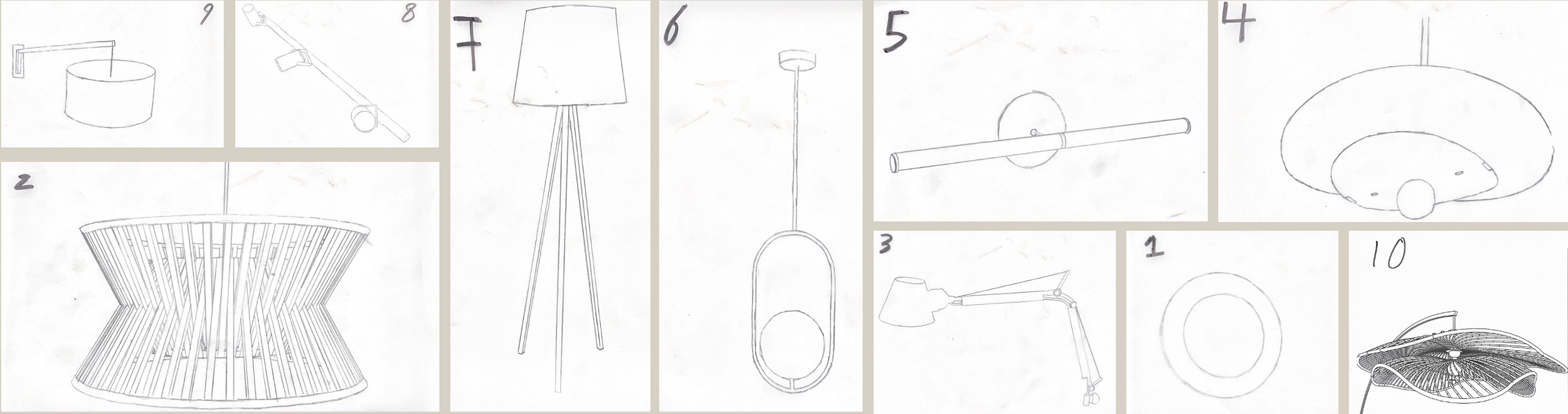 Collection of hand-drawn sketches of various lighting fixtures and lamps.