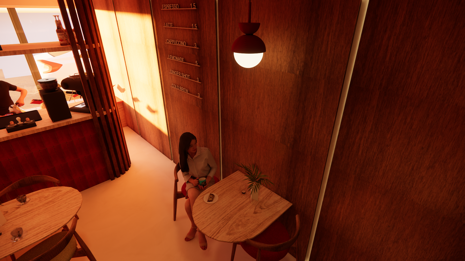 A woman sitting alone at a small wooden table in a cafe, holding a drink, with a plate of cake and a plant, amidst warm wooden interior with sunlight streaming in.