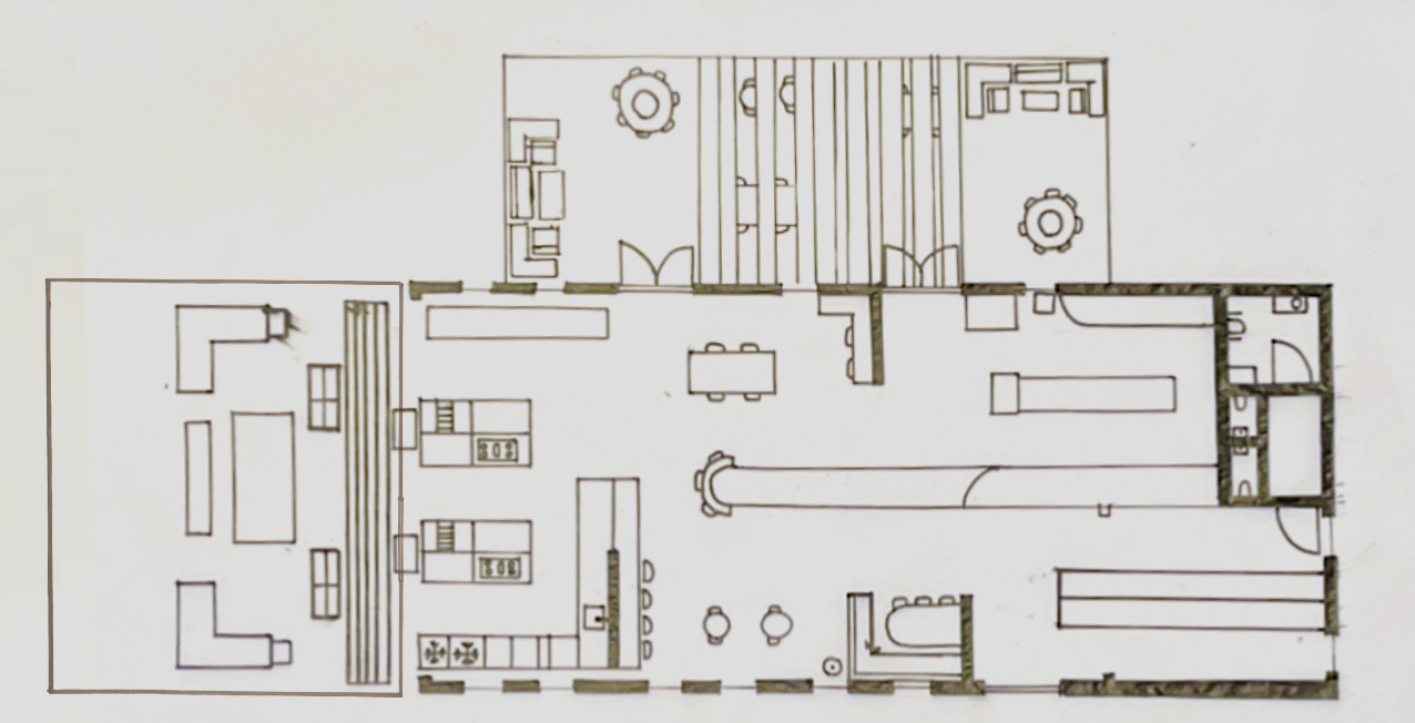 Floor plan of a house with rooms, furniture, and fixtures, including living areas, bedrooms, kitchen, and bathrooms.