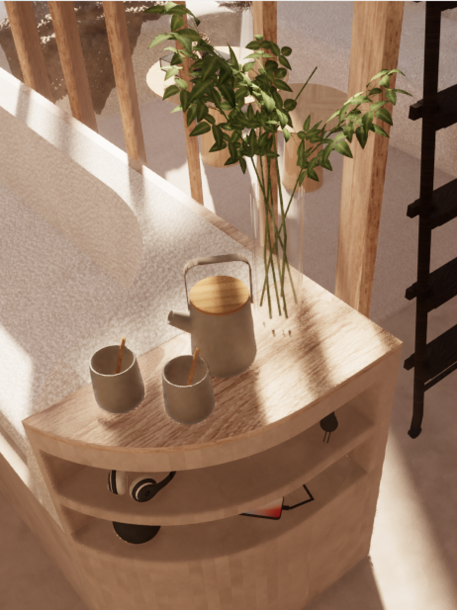 Wooden bedside table with a tall vase of green leafy plant, two small cups with stirring sticks, a covered container, and a pair of headphones hanging underneath. Part of a bed with a white blanket and a wooden headboard are visible.