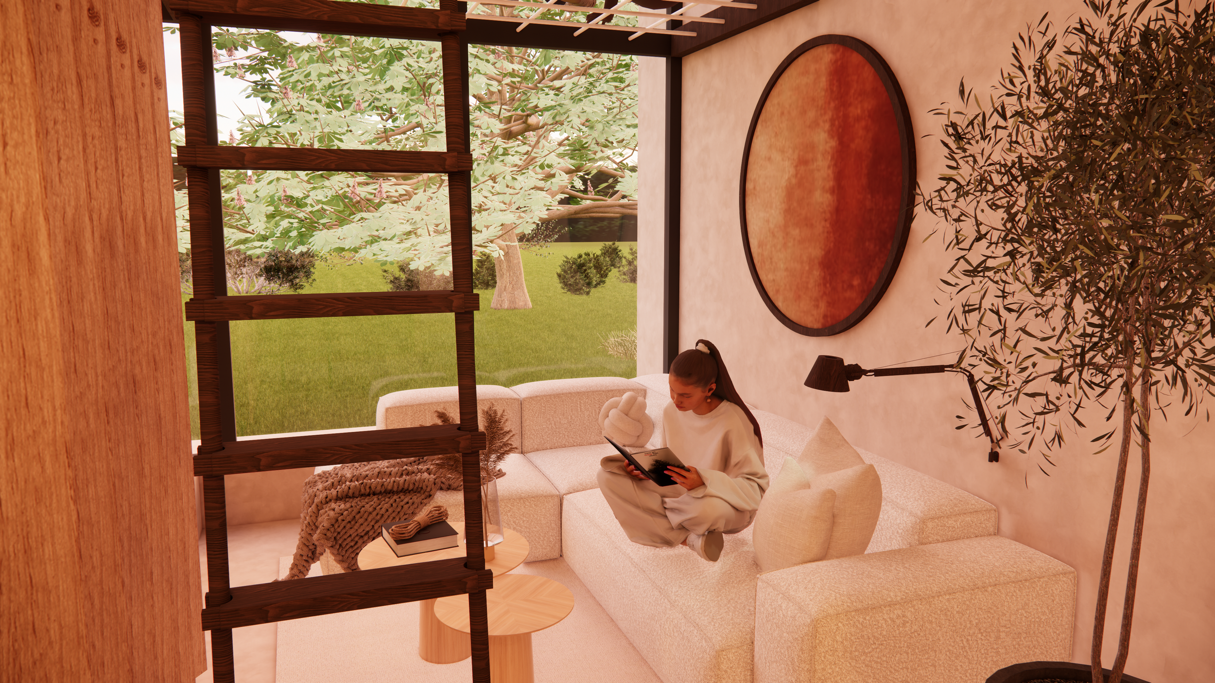 A woman sitting cross-legged on a beige sofa reading a book in a modern living room with a large window showing green trees and grass outside. The room has a large circular artwork on the wall, a floor lamp, a small side table with a book and decorat