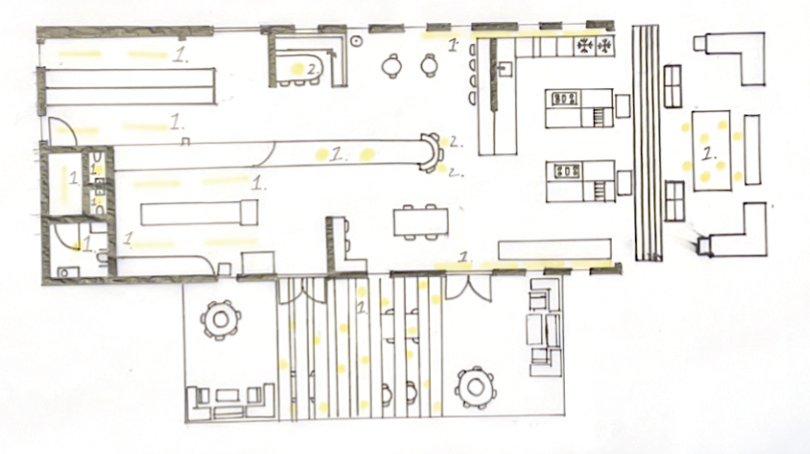A detailed floor plan of a house showing various rooms including an open living area, kitchen, dining area, bedrooms, bathrooms, and outdoor spaces.