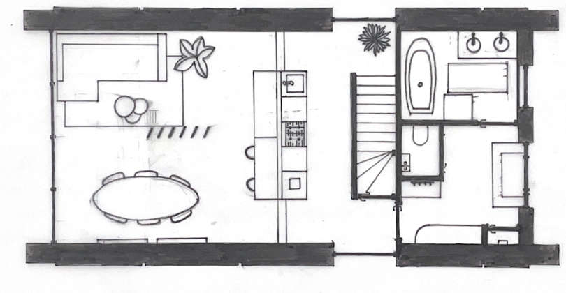 Floor plan layout of a house with a living area, dining table, kitchen, bathroom, and bedroom.