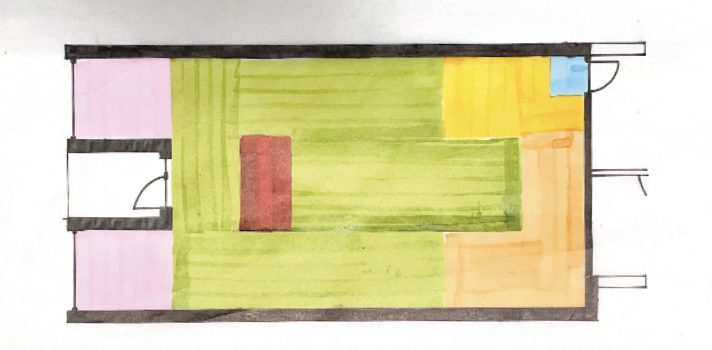 Color-coded floor plan of a rectangular space with multiple rooms, including two pink rooms, a green section with a red rectangle, a yellow area, and a small blue and gray section.