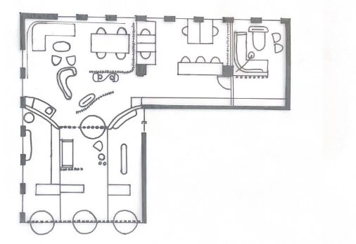 Floor plan of an apartment including a living room, dining area, kitchen, bedroom, and bathroom.