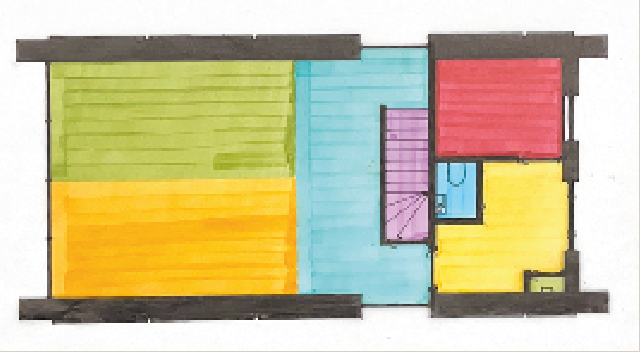 Color-coded floor plan of an apartment with green, orange, blue, purple, red, and yellow rooms.