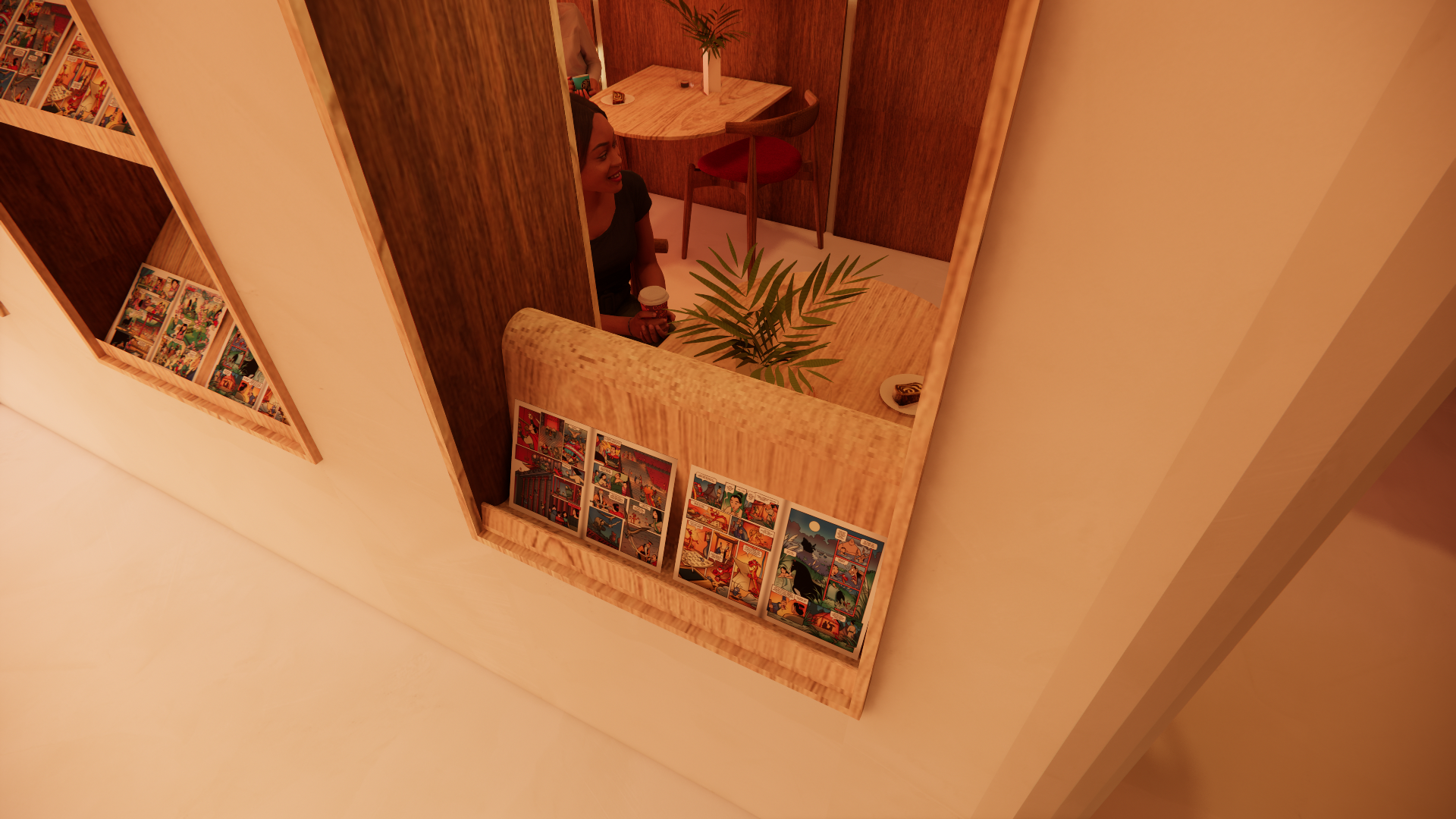 A woman sitting at a table inside a cozy room with wooden walls, holding a cup, with a potted plant and a plate with some food on the table. The room has a round table, chairs, and decorative comic books or art prints displayed on a ledge outside the