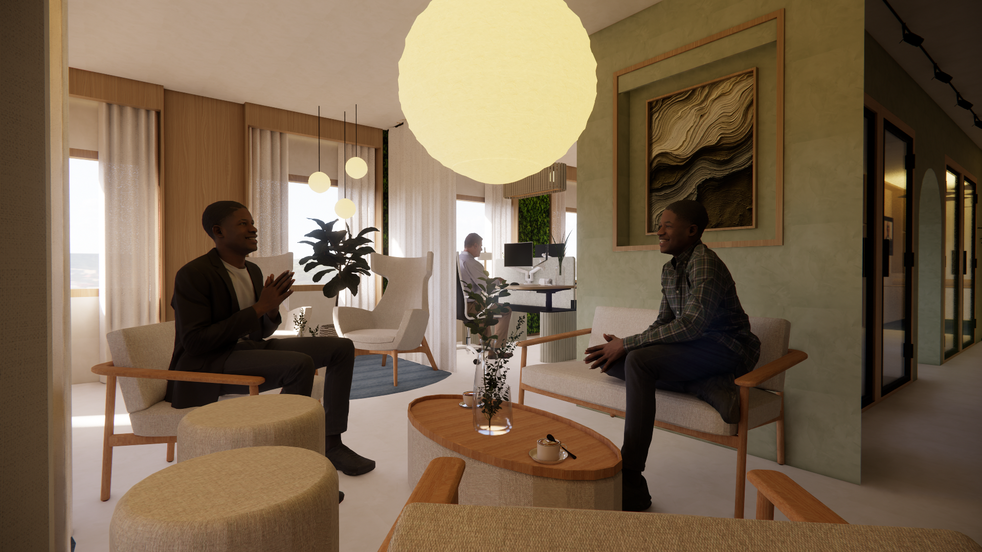 Two men having a conversation in a modern, warmly lit lounge area with large windows, indoor plants, and contemporary furniture, and a person working at a desk in the background.