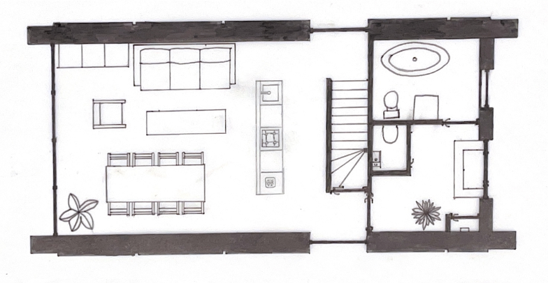 Floor plan of a small apartment with a bedroom, bathroom, kitchen, dining area, and living room.