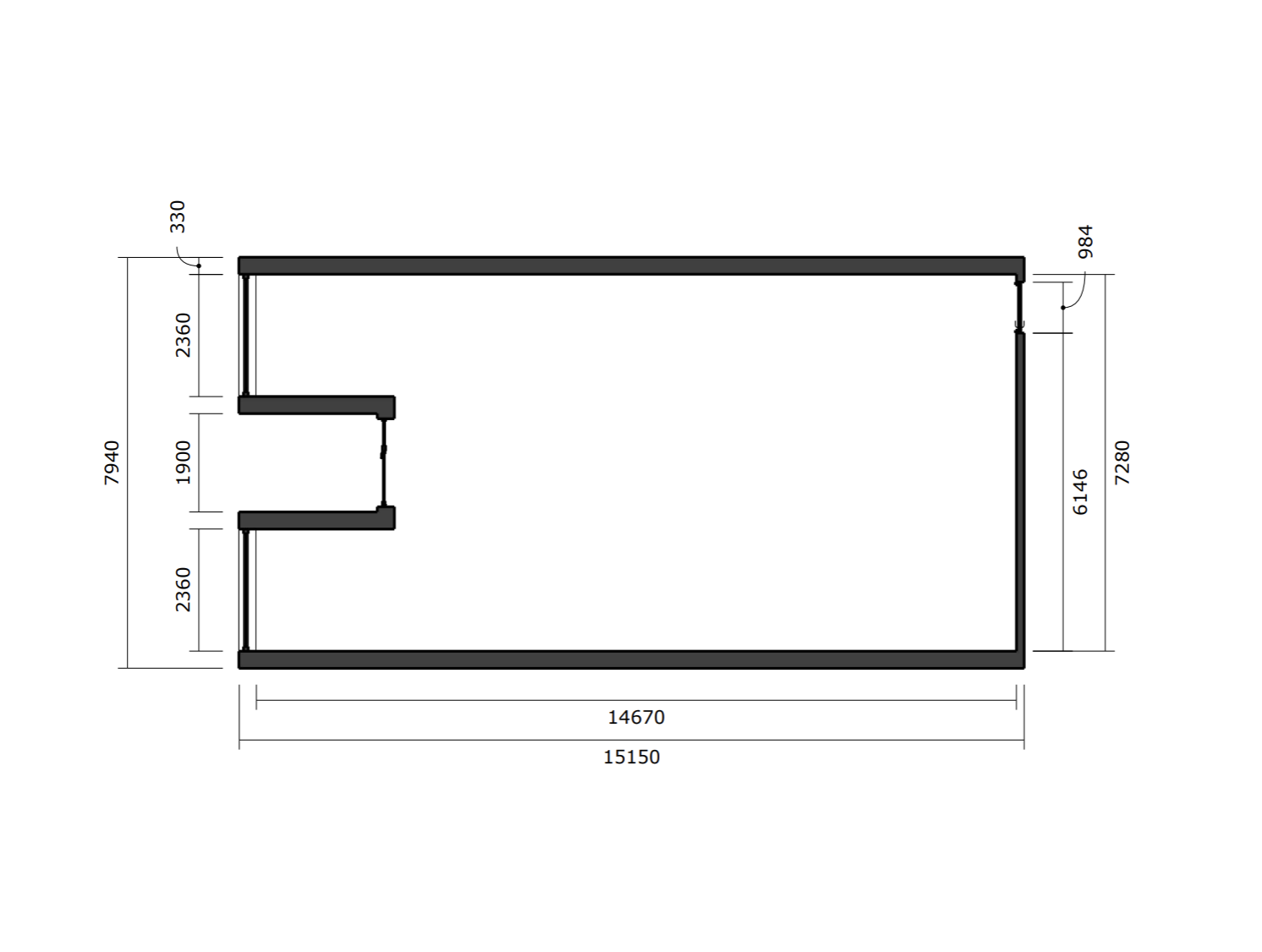 Floor plan of a rectangular structure with three small adjacent sections on the left side, containing specific measurements in millimeters, with longer exterior dimensions of approximately 14.7 meters length and 7.3 meters width.