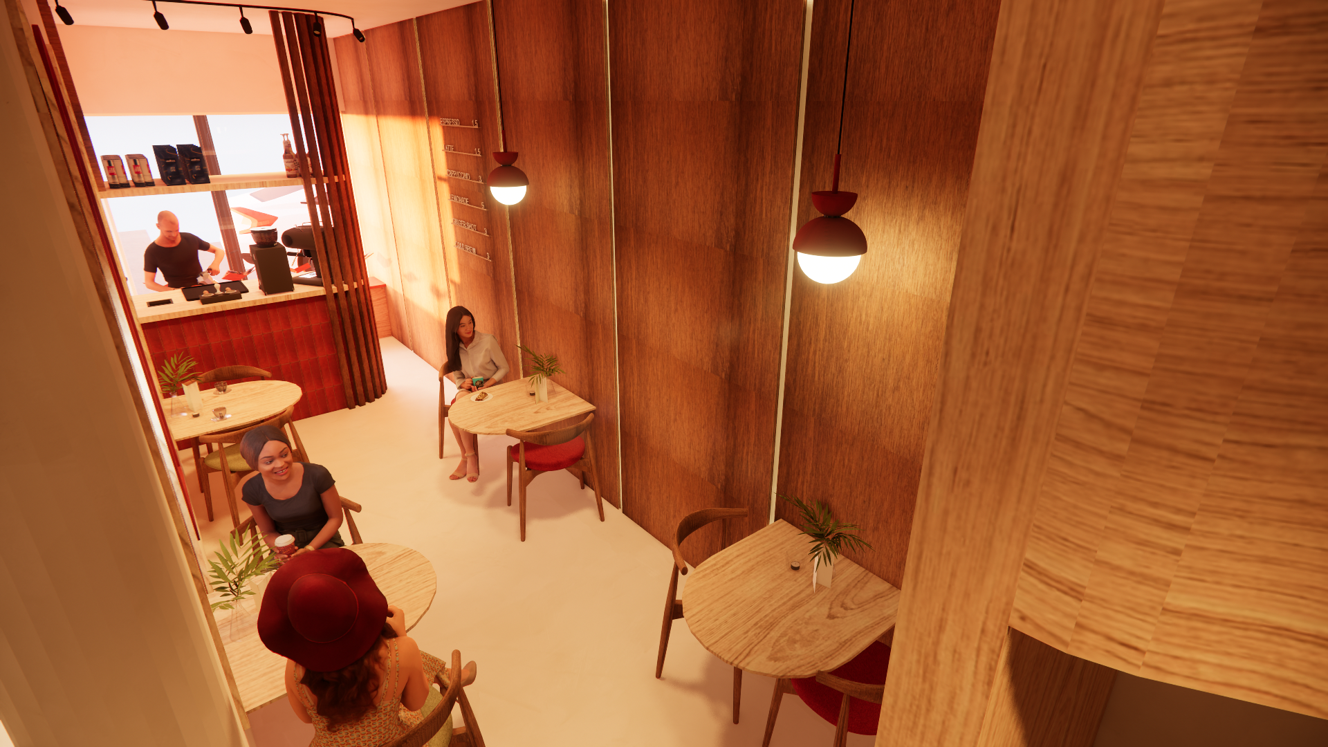 Cozy coffee shop with wooden walls and tables, pendant lights, and customers seated at tables, some with drinks, and an employee working at the counter in the background.