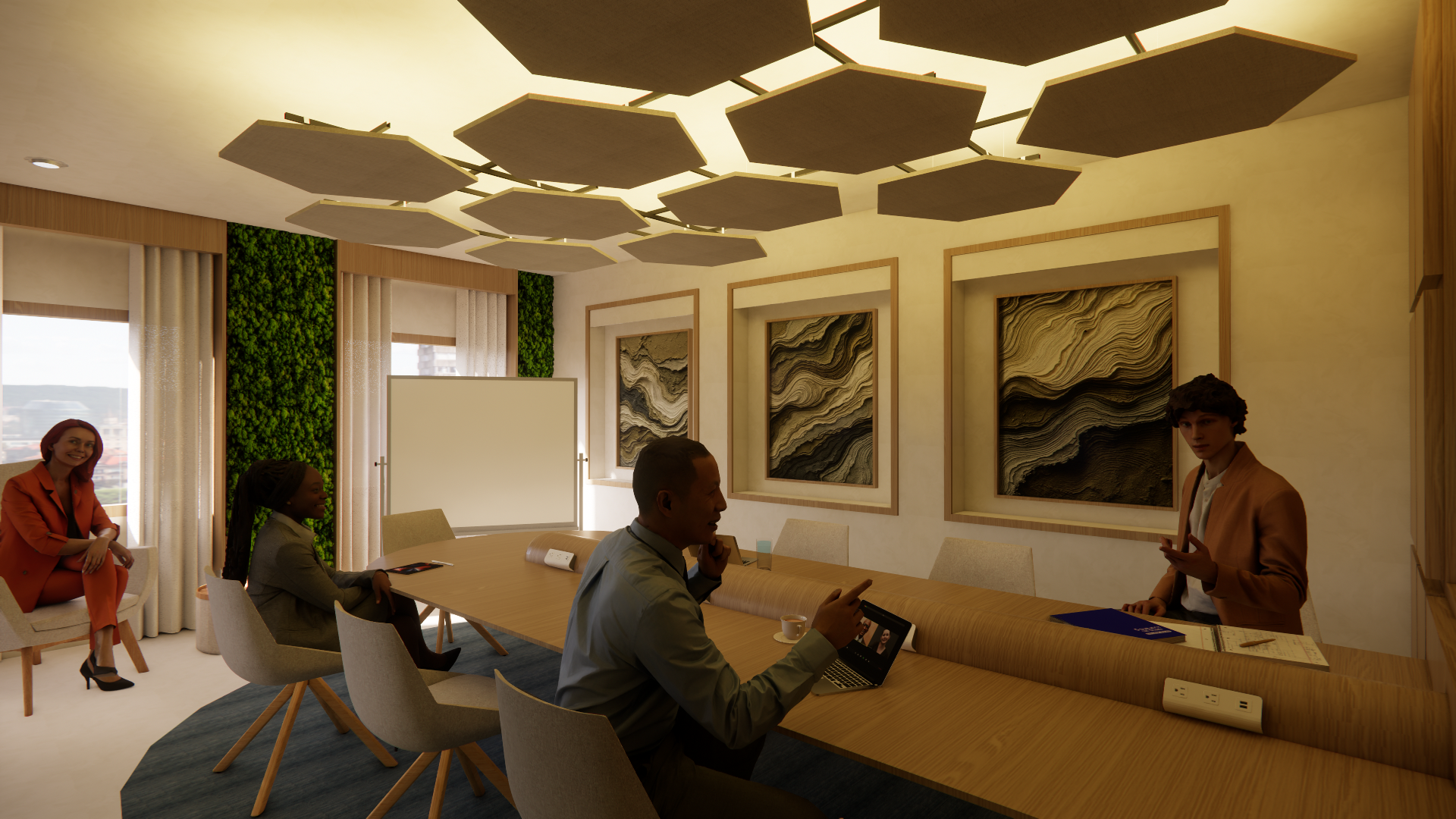 A modern conference room with five people, three sitting at a large wooden table and two standing. The room features abstract artwork on the walls, a whiteboard, large windows with curtains, and hexagon-shaped ceiling panels.