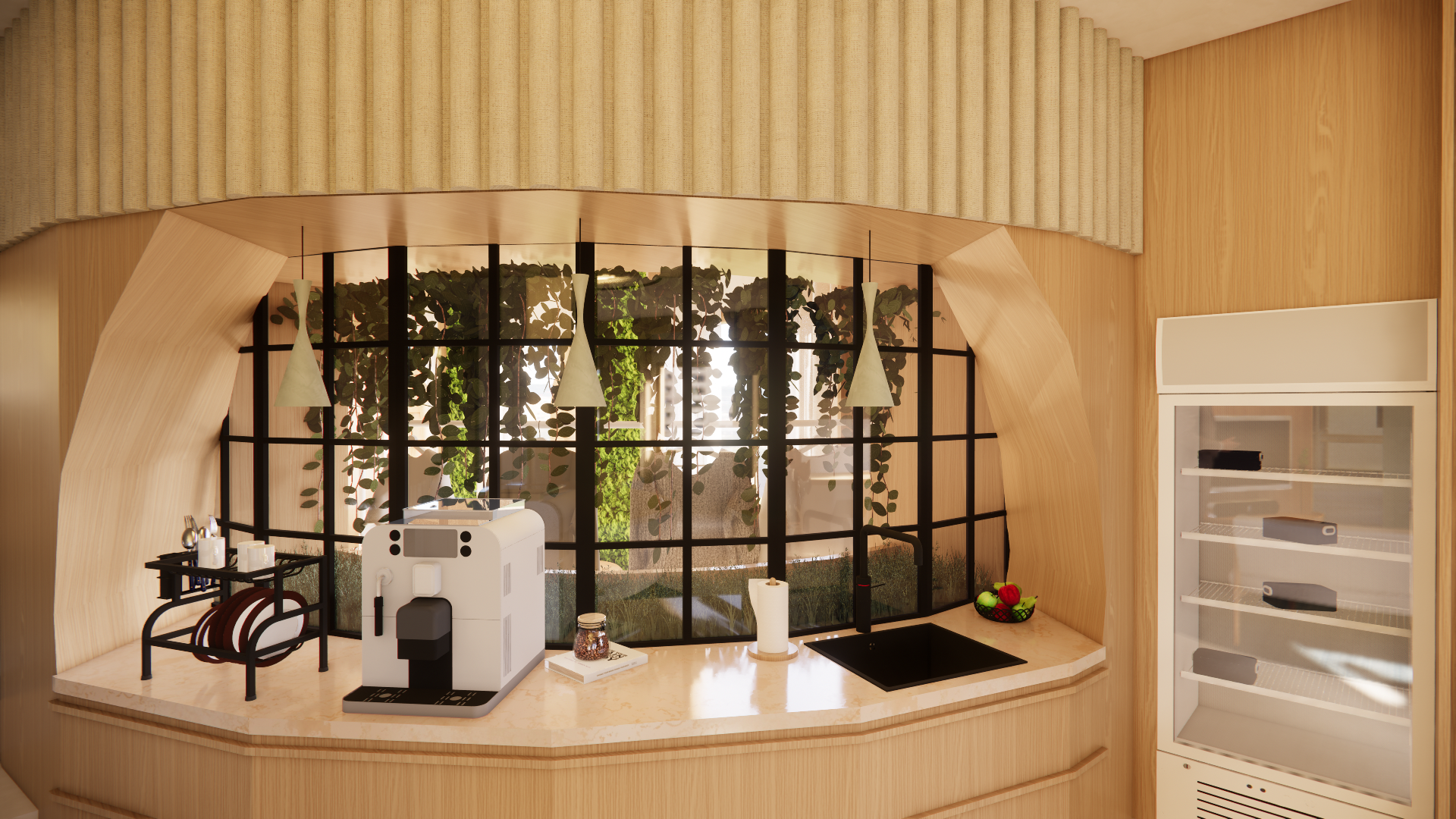 A modern kitchen with wooden paneling and a curved countertop. There is a coffee machine, a small bowl of apples, a paper towel roll, and a sink. Behind the counter, large windows with a black grid reveal greenery outside. To the right, a tall white 