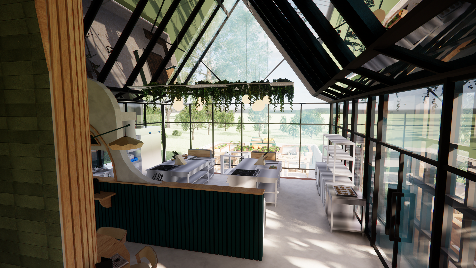Interior view of a modern cafe with large glass windows, white tables and chairs, a counter with baking trays, and hanging light fixtures with green plants above.