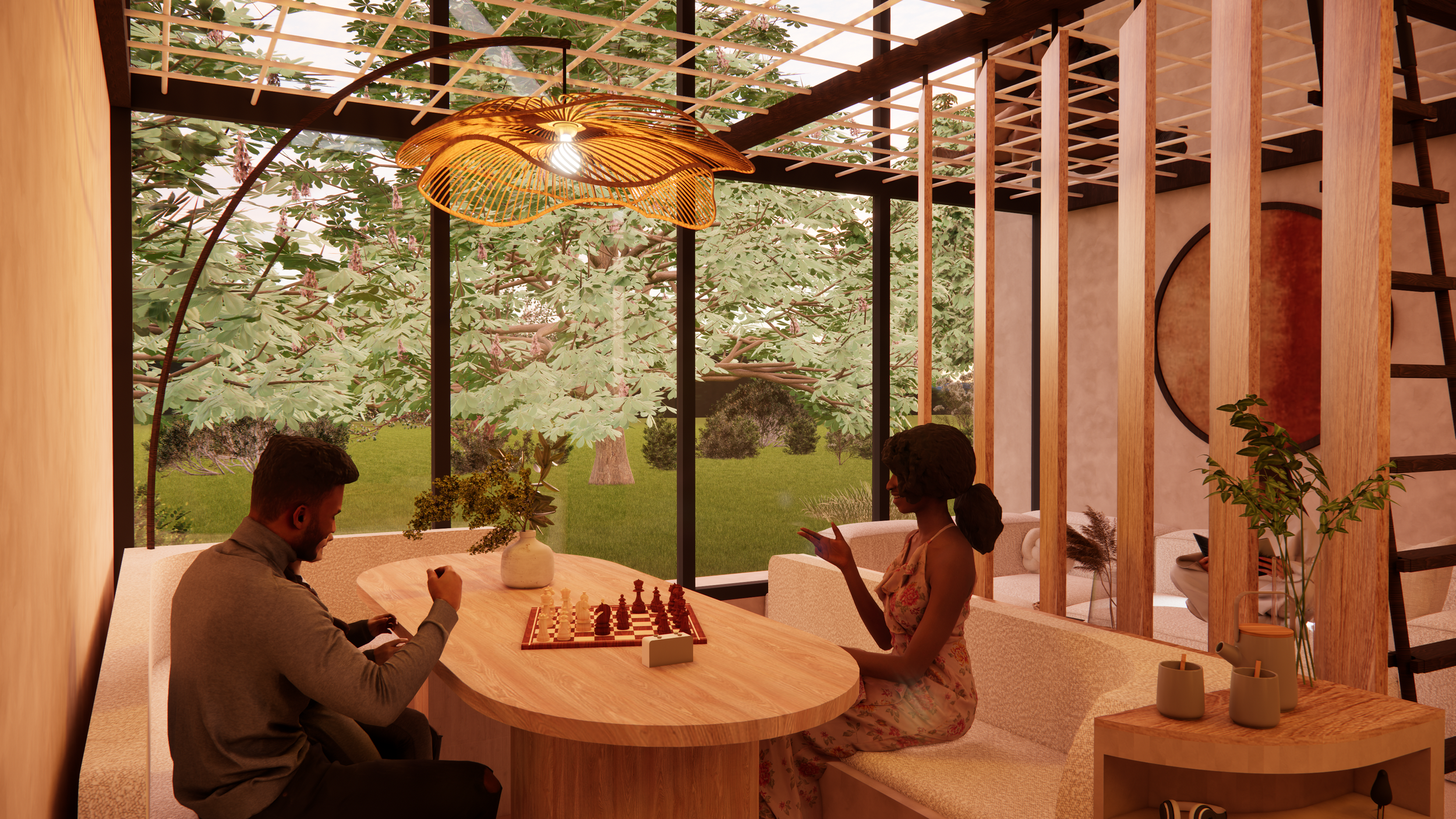 A man and woman playing chess at a wooden table in a bright room with large windows showing green trees outside. The room features wooden decor and a modern light fixture resembling a leaf.