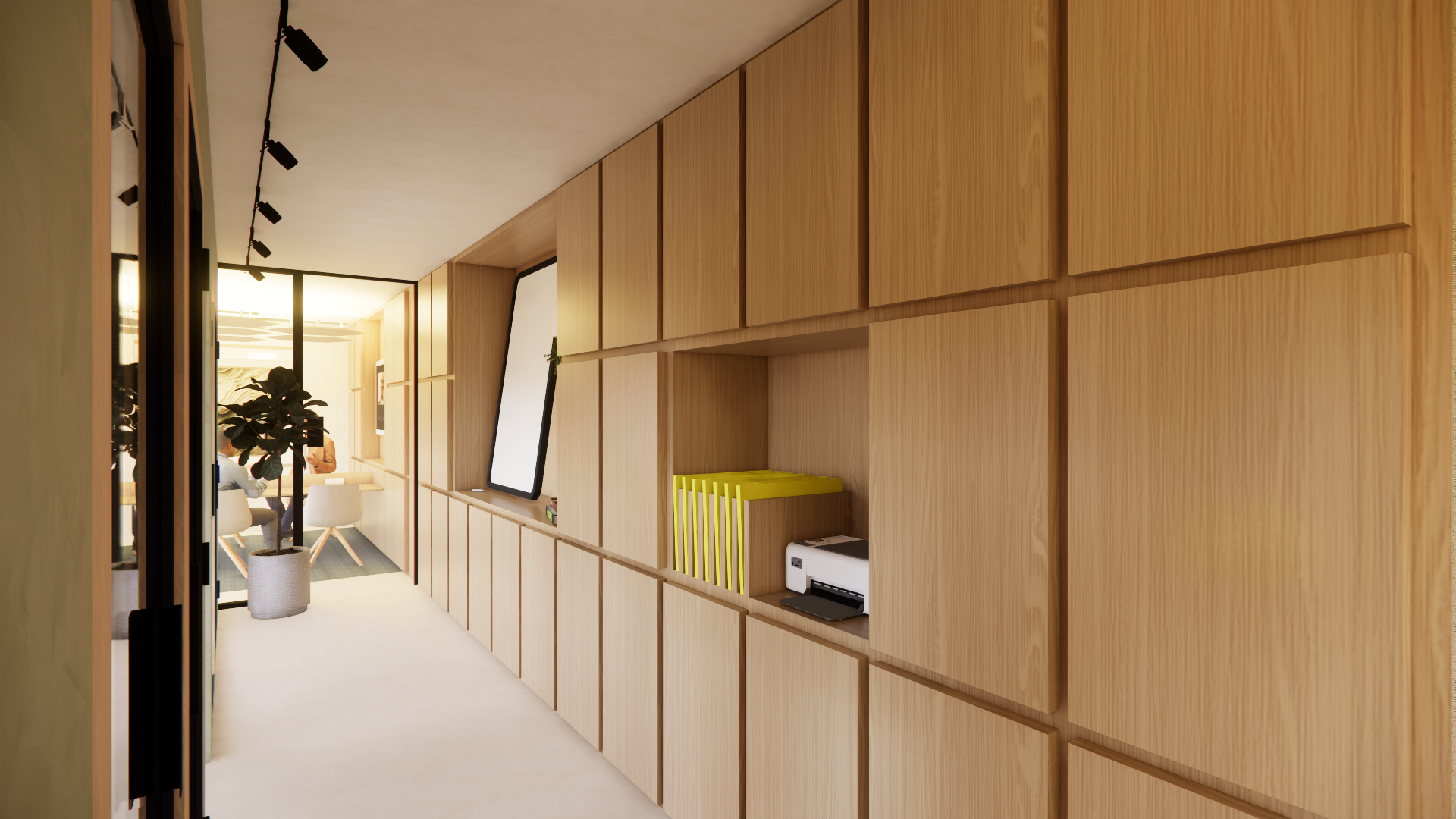 Interior corridor with light wood paneling walls, black track lighting on ceiling, and a glass wall at the end leading to a seating area with people and a potted plant.