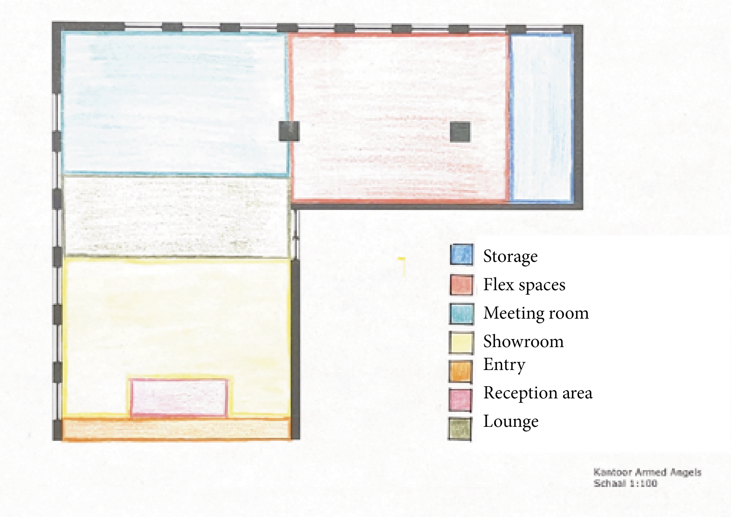 Color-coded floor plan of a building with labels for storage, flex spaces, meeting room, showroom, entry, reception area, and lounge.