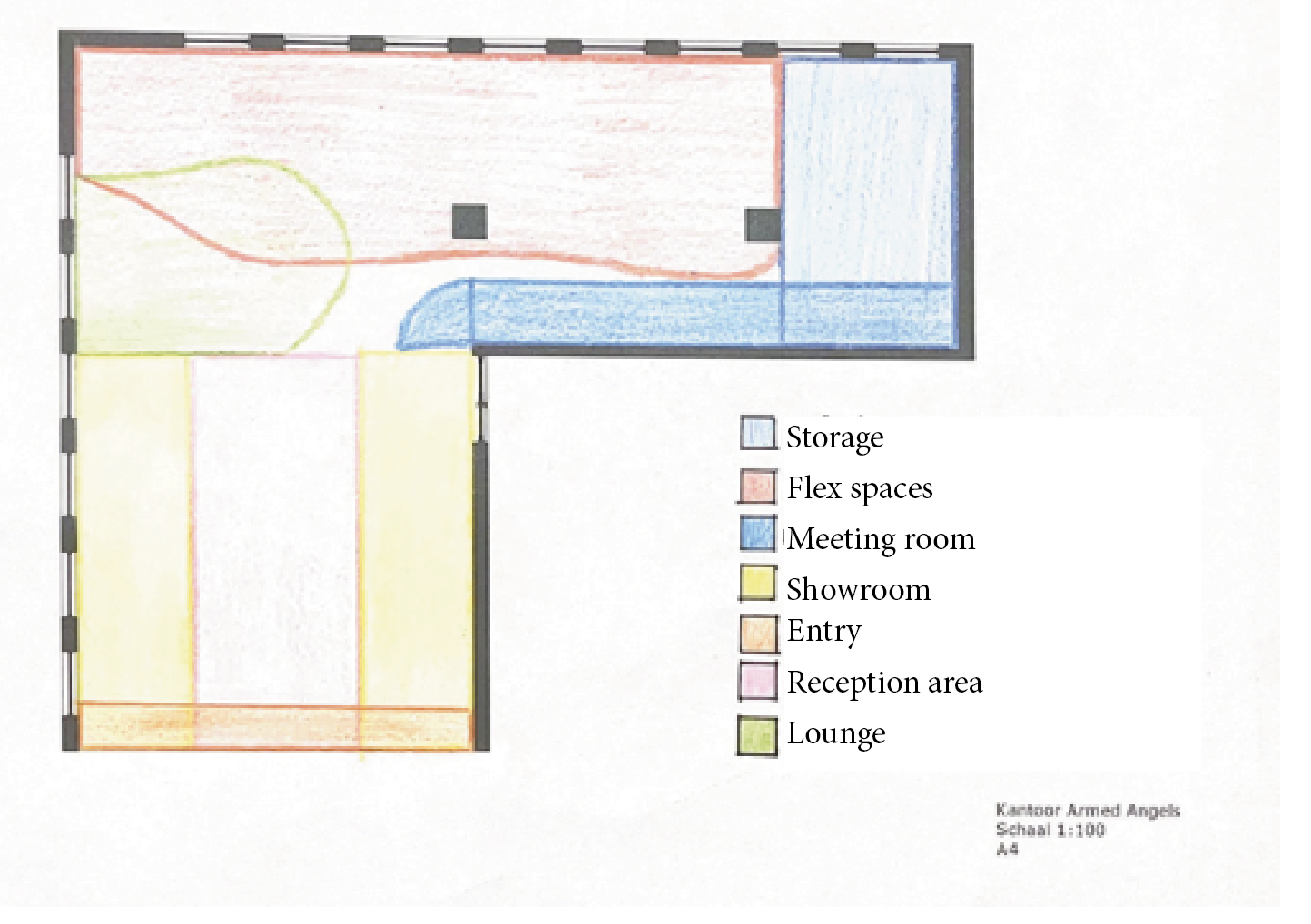 Floor plan of a building with areas marked as Storage in blue, Flex spaces in pink, Meeting room in blue, Showroom in yellow, Entry in peach, Reception area in pink, and Lounge in green.