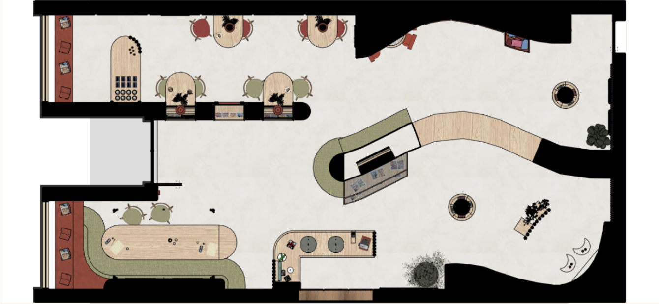 A floor plan of an office or communal workspace with various areas including a reception desk, several workstations with computers, a conference table, lounge chairs, small round tables with seating, a kitchenette, and outdoor seating with plants and sculptures.