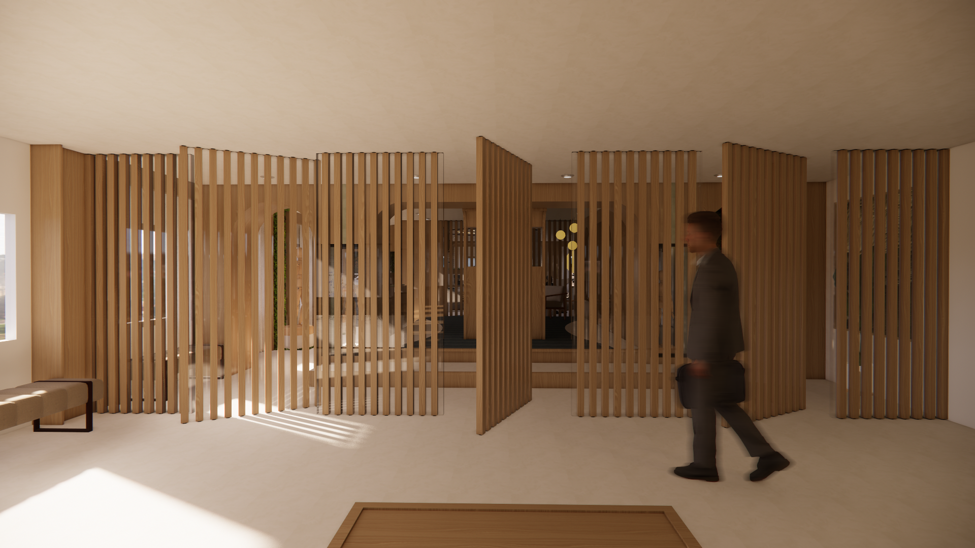 Interior of a modern office with wooden slat partitions and a man walking with a briefcase.