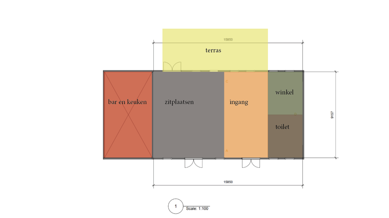 Floor plan with labeled rooms including bar and kitchen, seat area, entrance, terrace, shop, and restroom, with measurement details.