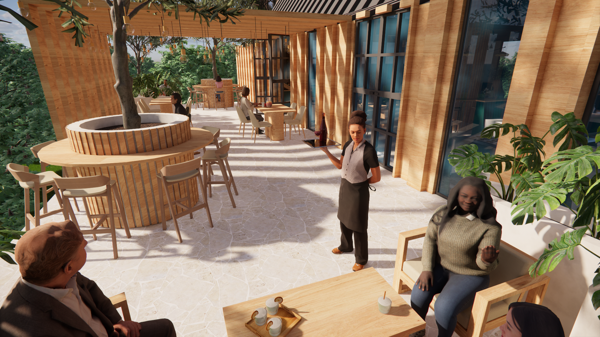 An outdoor restaurant terrace with wooden walls and large windows, surrounded by greenery. There are several tables and chairs, with some patrons seated. A waitress holding a tray with drinks is standing, and there's a large tree integrated into a ci