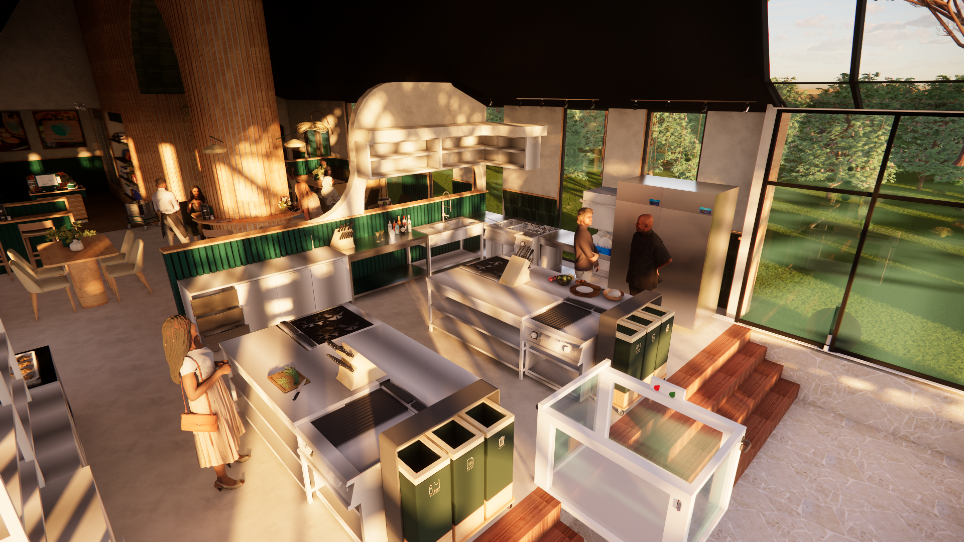 Modern restaurant kitchen with stainless steel appliances, cooking stations, and a woman with a purse, with other patrons and staff visible in the background near the dining area and large floor-to-ceiling windows showing a green landscape outside.