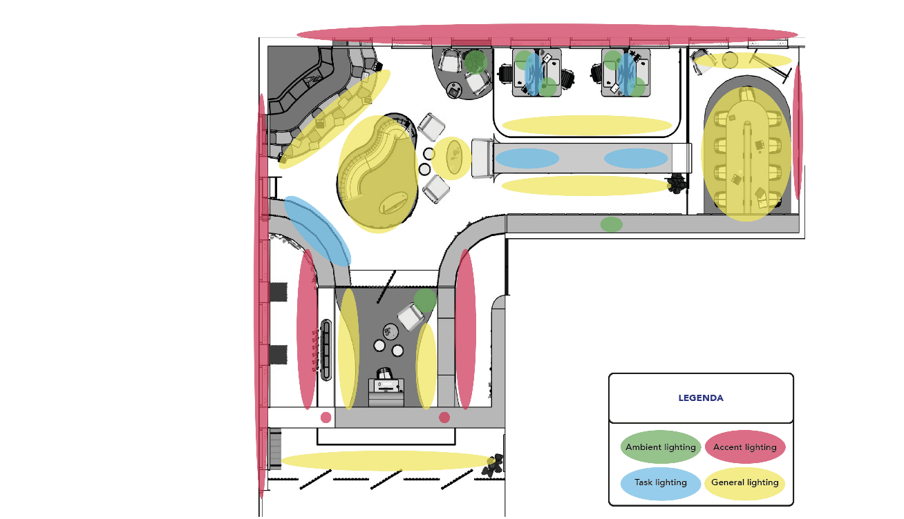 Office floor plan with different lighting zones including ambient, accent, task, and general lighting marked with colors green, red, blue, and yellow respectively.