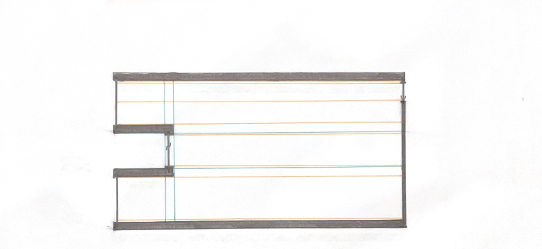 Cross-section of a display shelf with three levels, supported by metal brackets, against a white background.