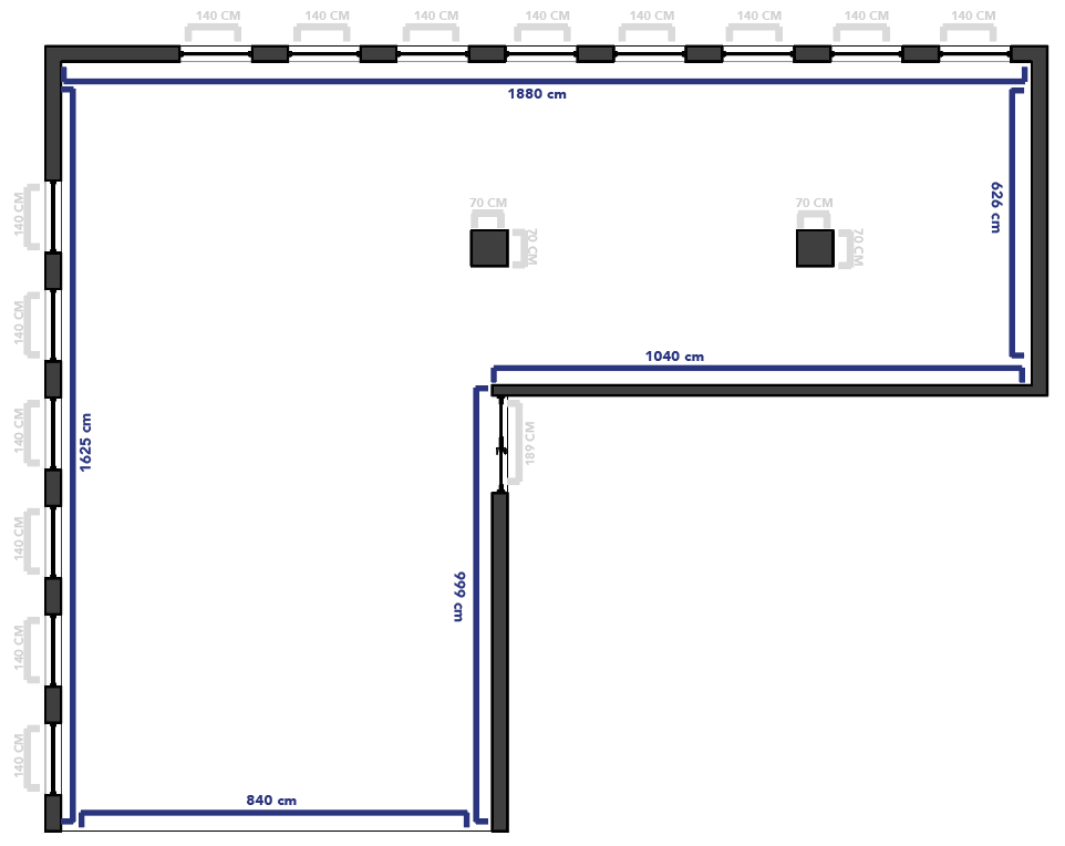 Floor plan of a room layout with dimensions in centimeters.