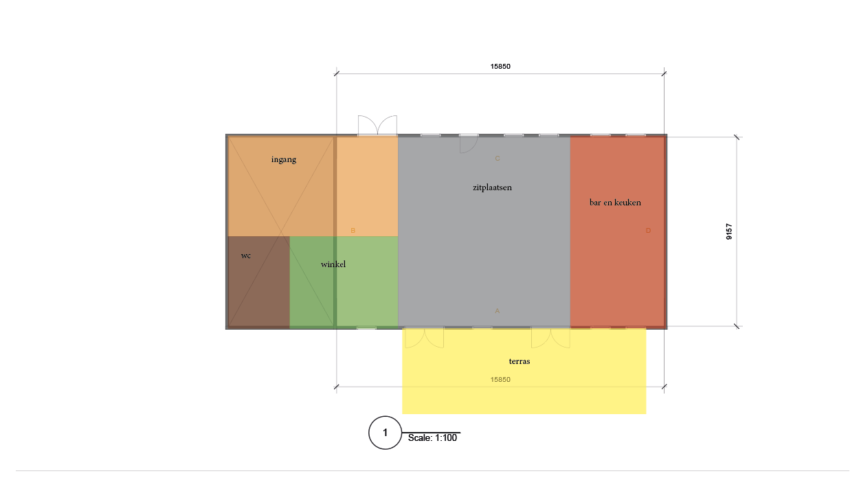 Floor plan of a building with labeled rooms: entrance, toilets, shop, seating area, bar and kitchen, and terrace. Dimensions are provided.