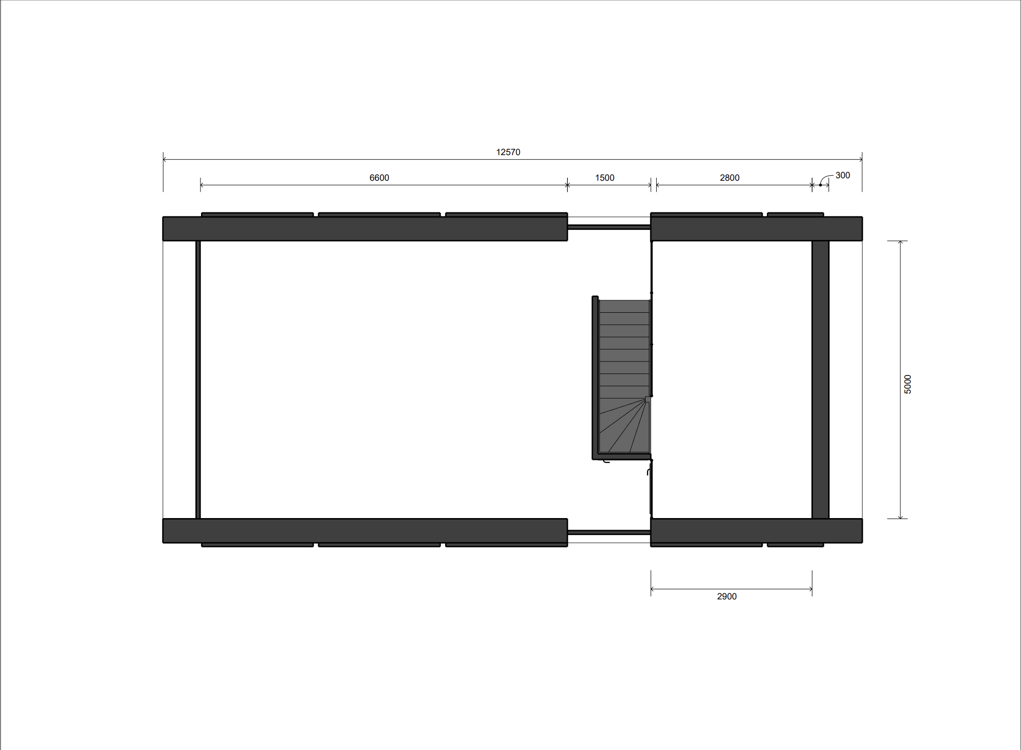 Top view of a building floor plan with dimensions, including a staircase in the center and walls with measurements marked in millimeters.