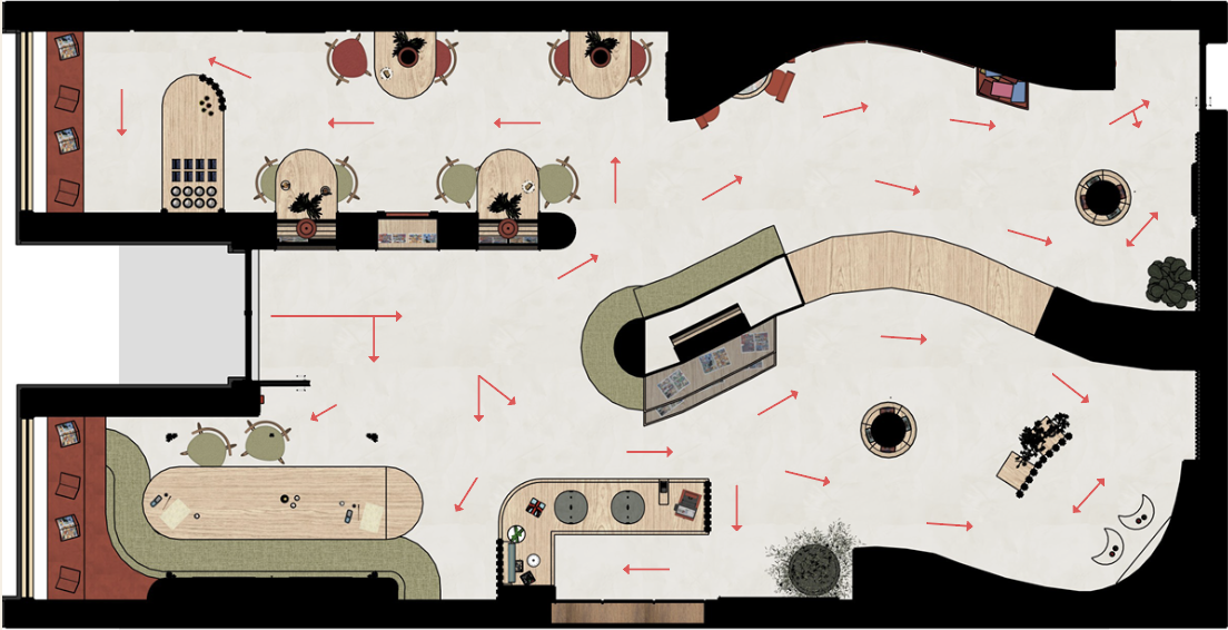 Floor plan of an indoor space with various seating areas, tables, a reception desk, and decorative elements.