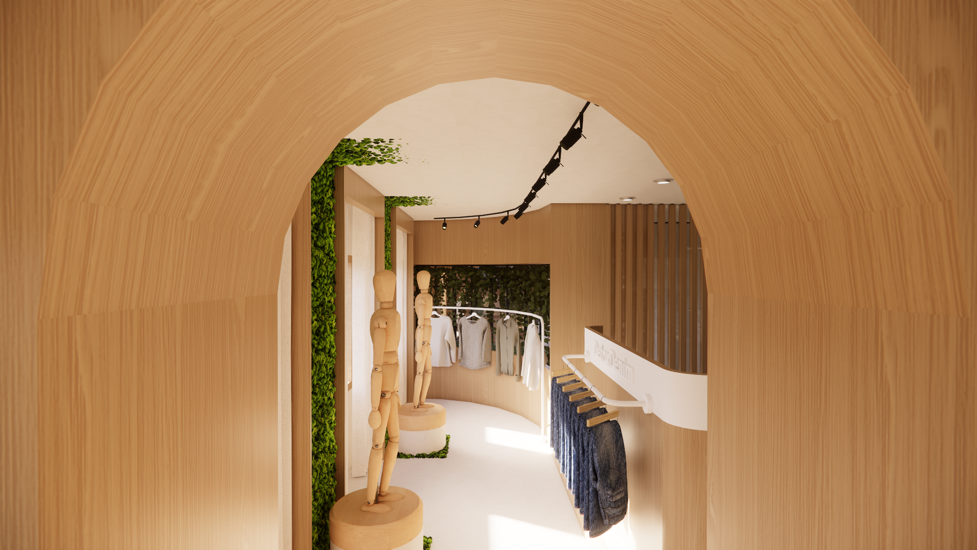 Interior of a clothing store with wooden accents, mannequins, clothing racks, and green plants.