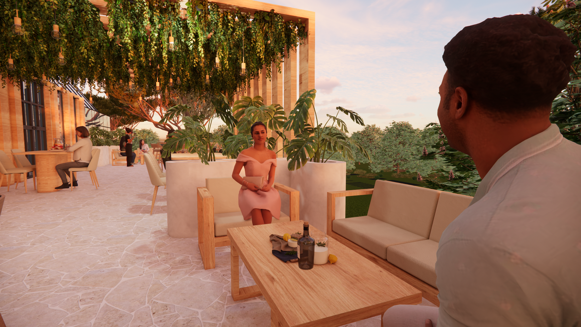 People relaxing outdoors on a terrace with lush greenery, wooden furniture, and string lights at sunset.