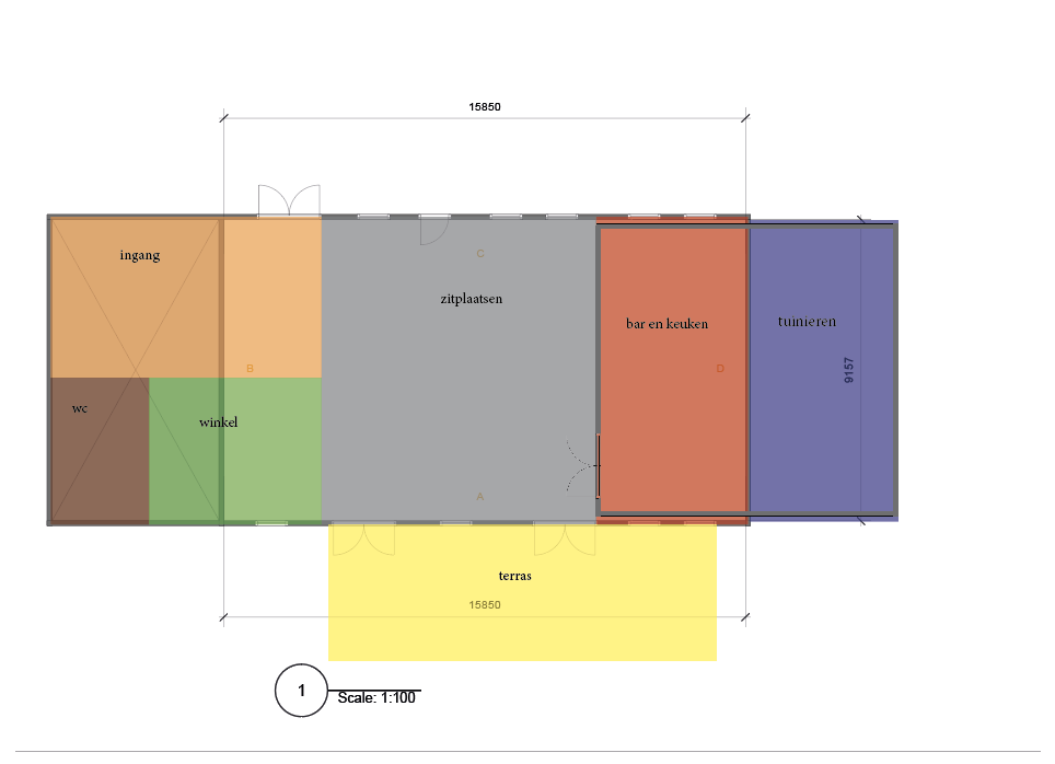 Floor plan of a house with labeled rooms: entrance, wc, shop, seating area, bar and kitchen, terrace, and gardening area, with measurements and a scale.