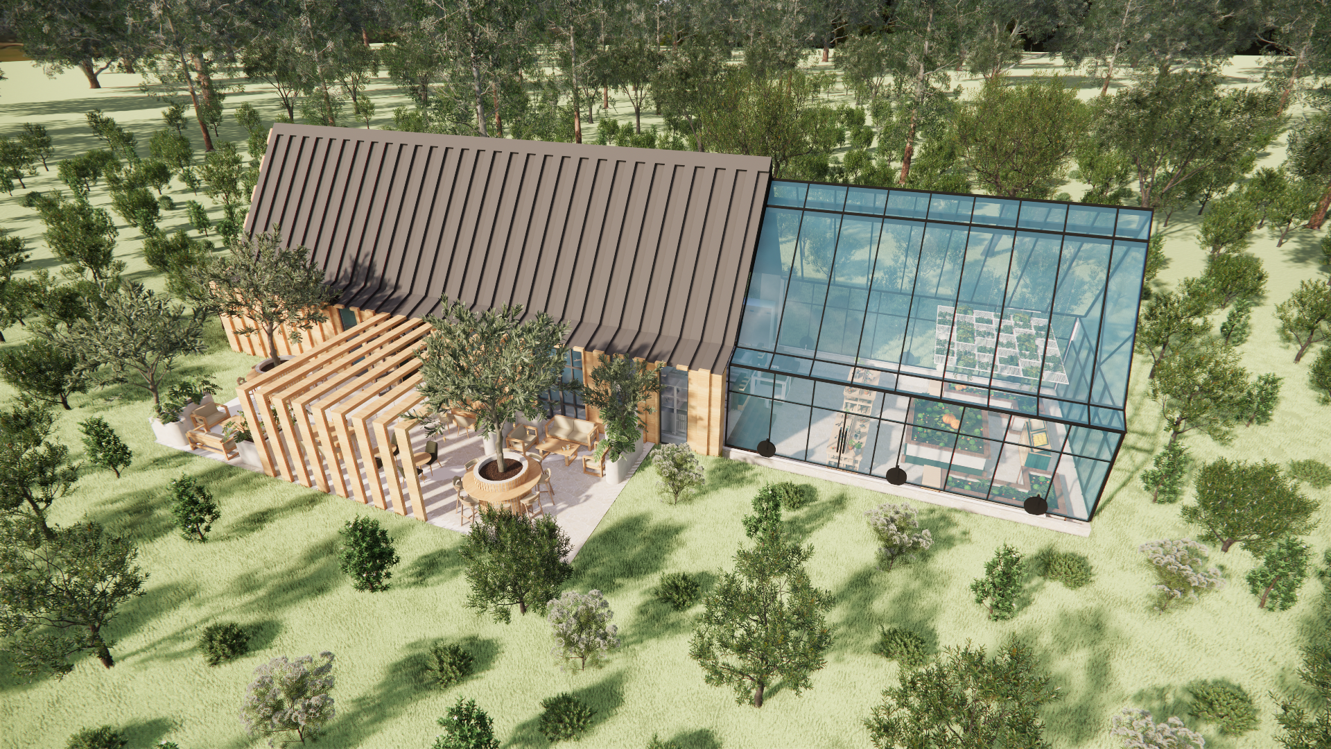 A modern building with a glass greenhouse attached, surrounded by trees and greenery.