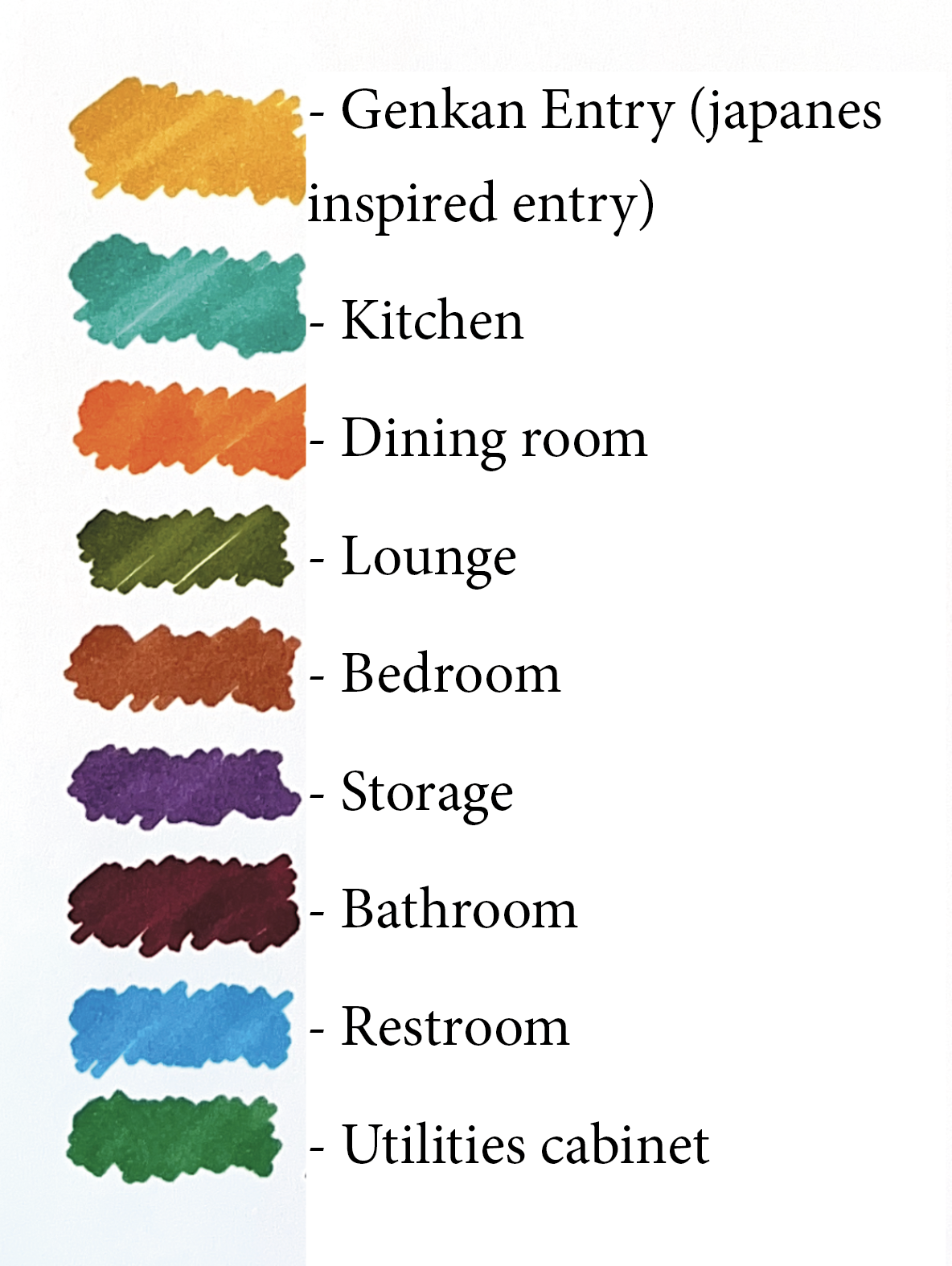 A color-coded map showing different rooms labeled with color patches: orange for Genkan Entry, teal for Kitchen, orange for Dining room, green for Lounge, red for Bedroom, purple for Storage, dark red for Bathroom, blue for Restroom, and green for Utilities cabinet.