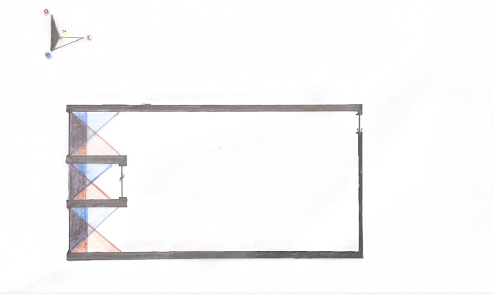 A technical diagram of a rectangular room with measurements and markings, including an inset compass showing directions.