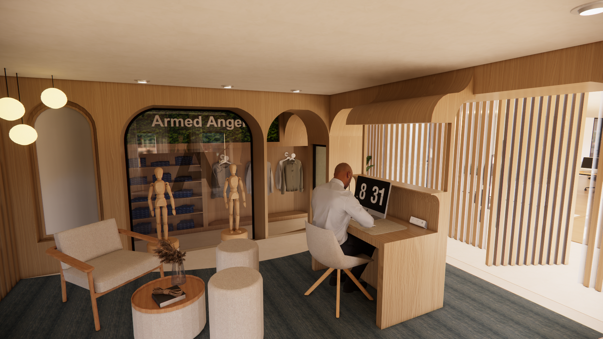 Interior of a modern clothing store with a man working at a desk, wooden fixtures, clothing displays, and seating area.