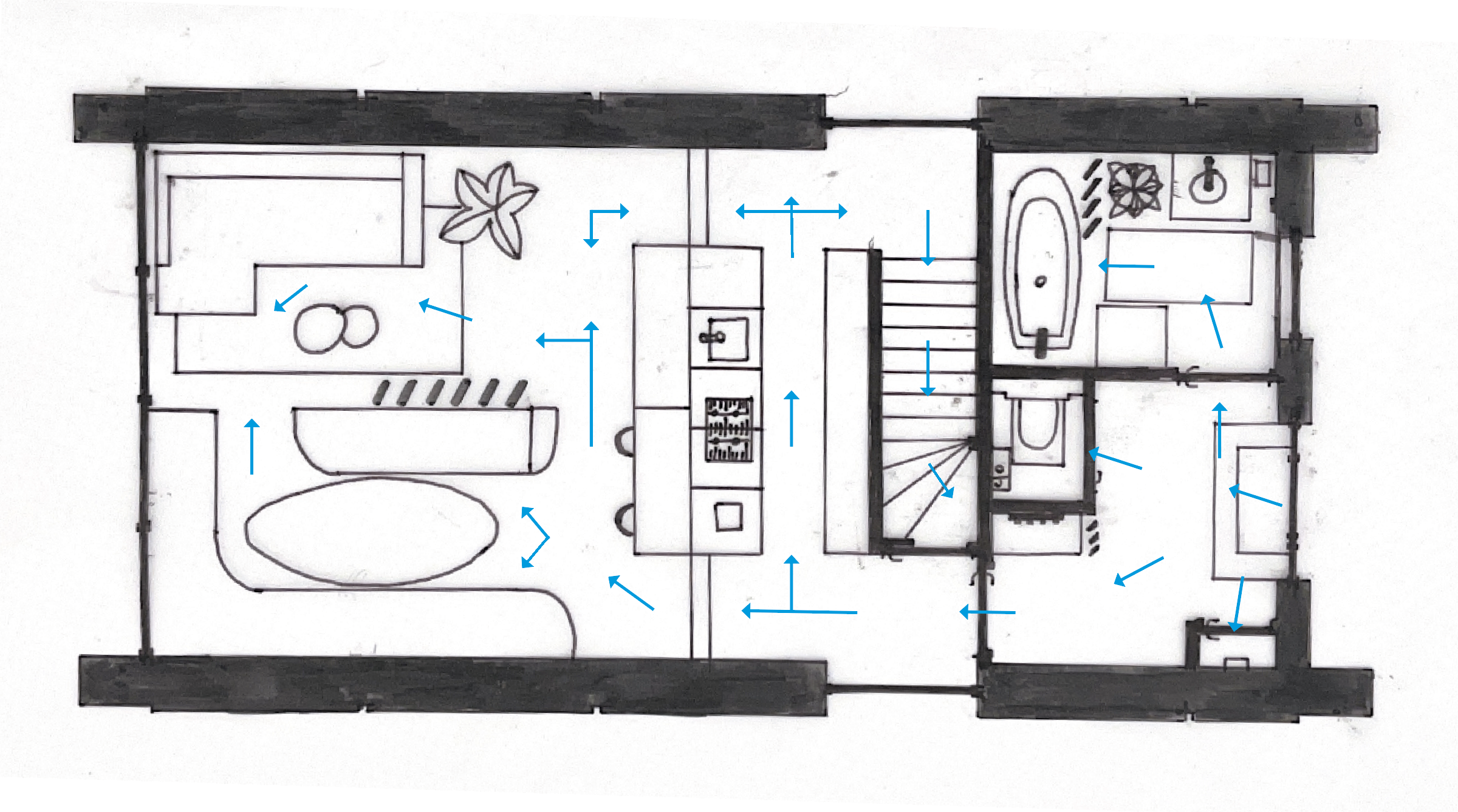 Floor plan of a house with arrows indicating various rooms and features, including living room, kitchen, stairs, bathroom, and bedroom.