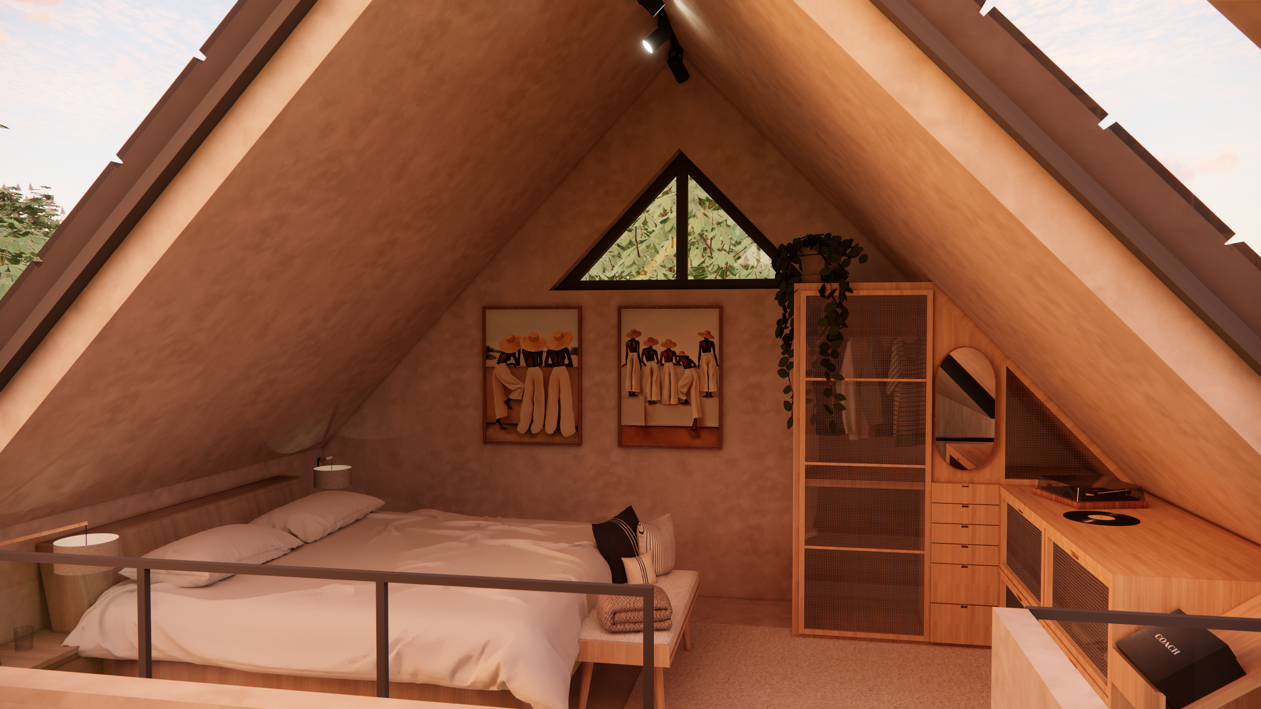Cozy attic bedroom with a sloped ceiling, a bed with white linens, two bedside lamps, framed art on the wall, and a wooden cabinet with a plant on top. A triangular window shows greenery outside.